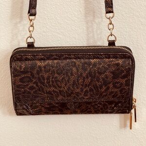 Hobo Crossbody Wallet Bag Brown Snakeskin Embossed Zip Organizer New